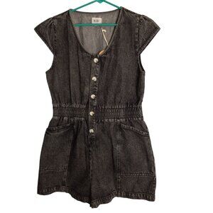 Bibi Size L Romper Black Denim Jean Button-Up Pockets Smocked Waist NEW
